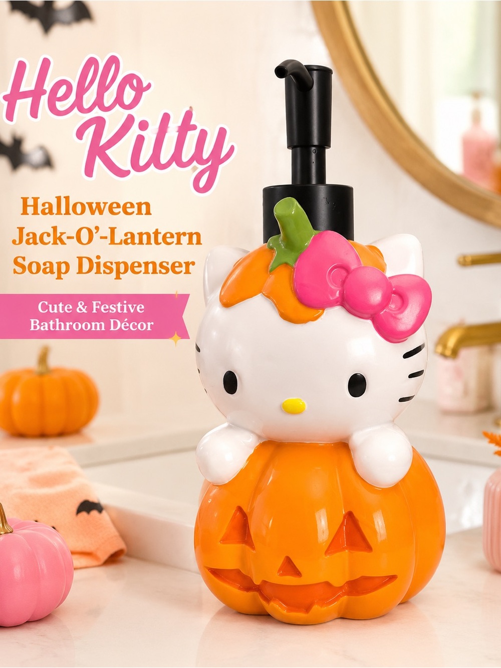 Hello Kitty Pink Orange Pumpkin Jack-O'-Lantern Soap Dispenser